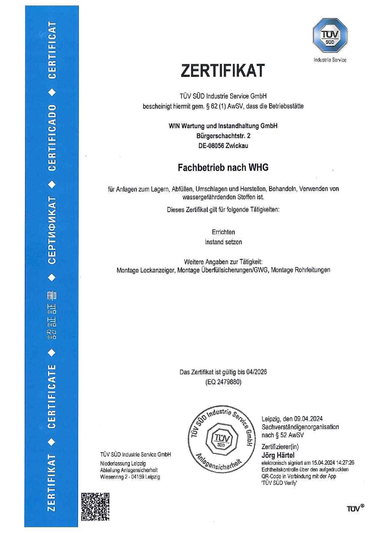 Zertifkate WIN Wartung Und Instandhaltung GmbH Zwickau